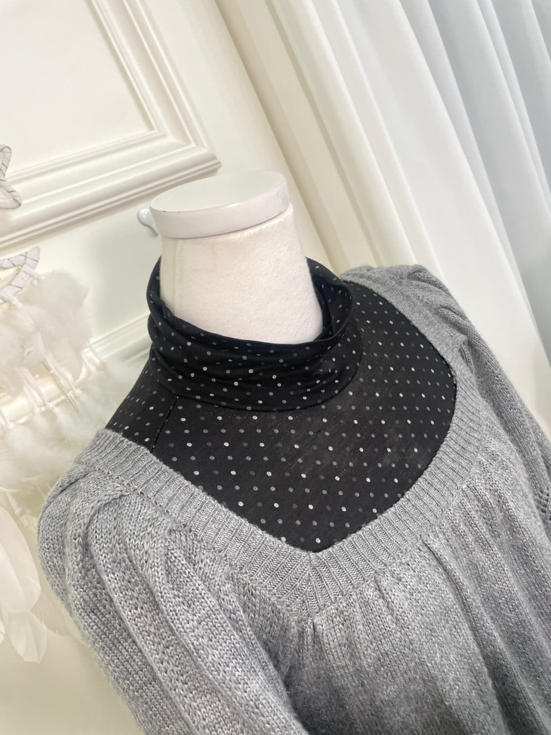 charcoal crochet shirring  puff sleeve k 상품이미지6