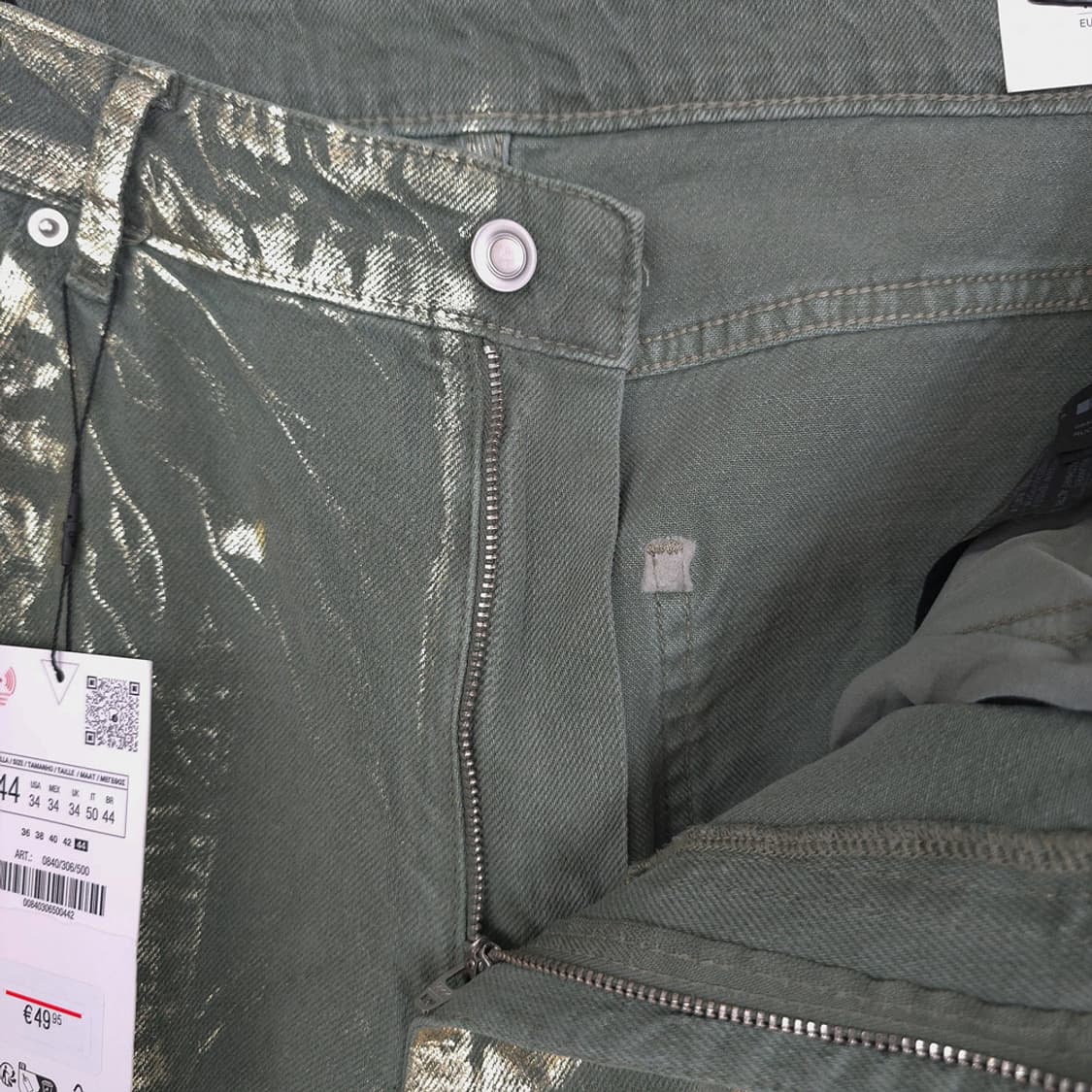 새제품) 자라 ZARA 메탈릭 페인트 코튼 진 팬츠 골드카키 34 상품이미지8