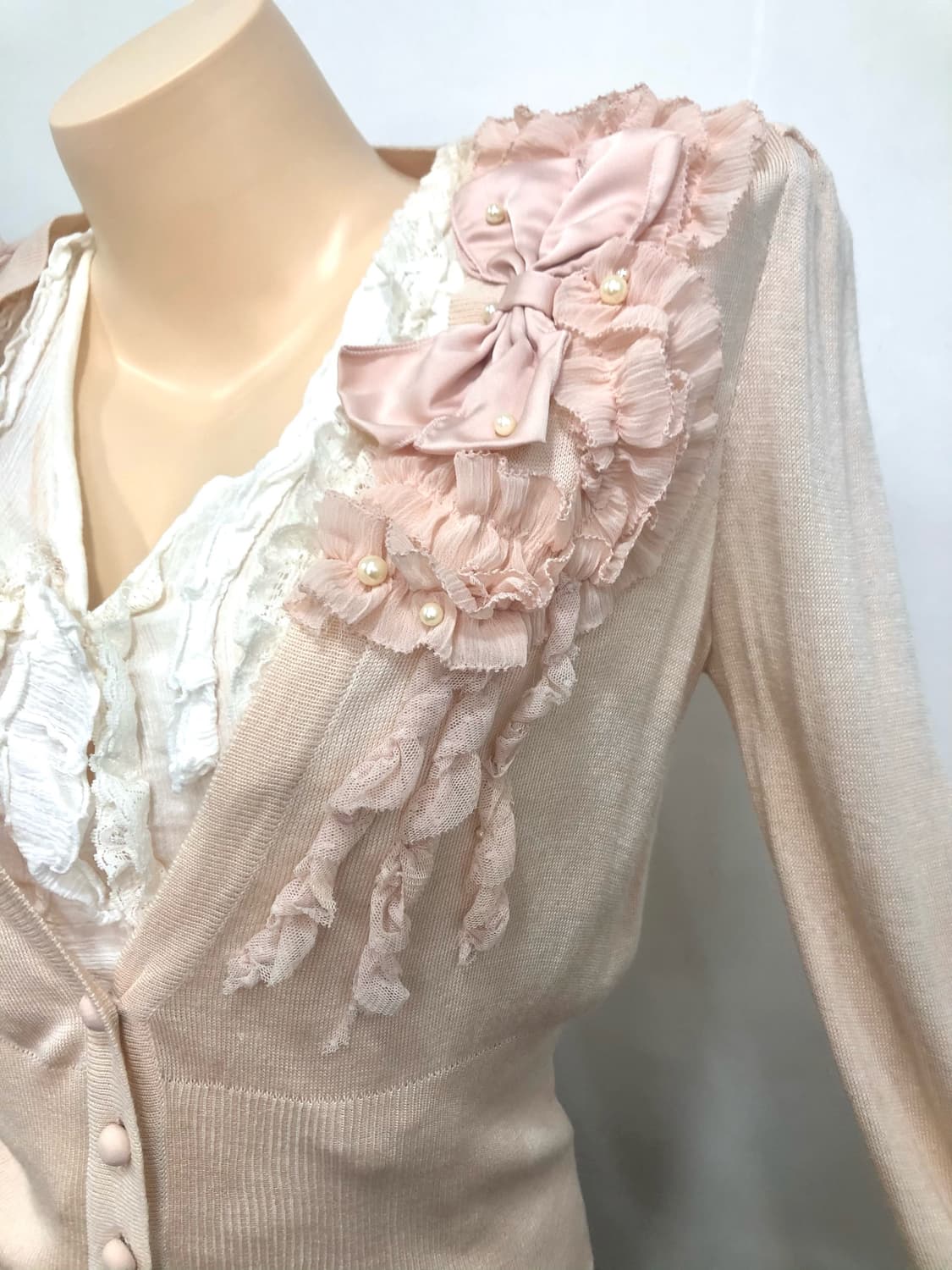 soft pink lace detail ribbon cardigan  상품이미지3