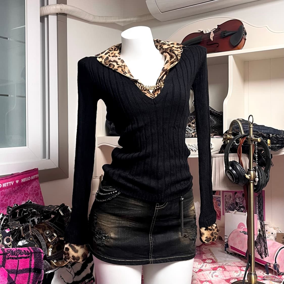MA*RS마즈 레오파드 큐빅 니트 탑 오네갸루 y2k대장 핀터109긱시크 상품이미지1