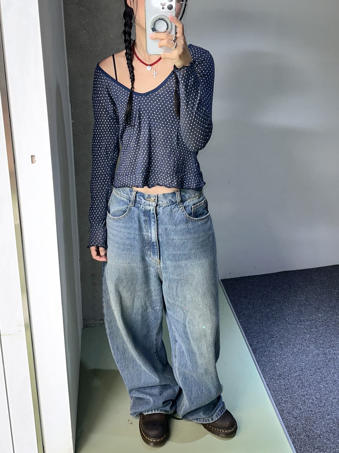 navy dot back hole top 상품이미지4