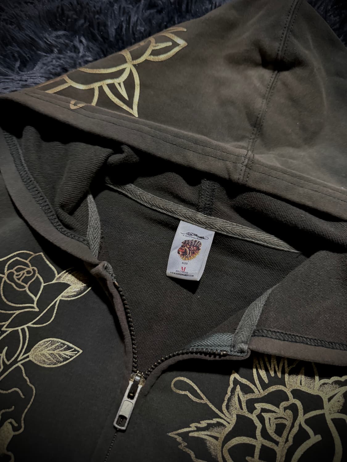 Ed Hardy 카키 올드스쿨 장미 프린팅 큐빅 디테일 후드집업 상품이미지10