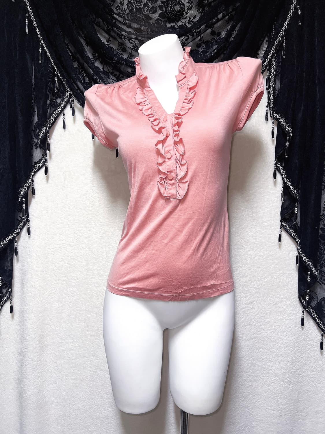 코랄핑크 프릴 반팔 블라우스 로걀탑 로맨틱갸루 히메 러블리 너드 모리 상품이미지7