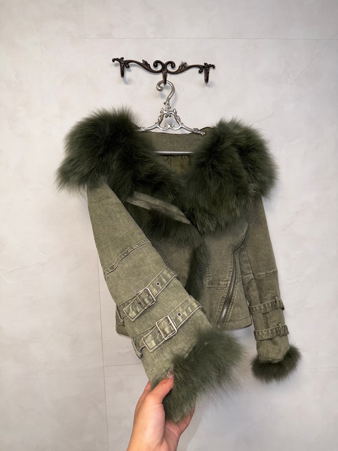 Khaki denim zipper buckle fur hood jk 상품이미지2