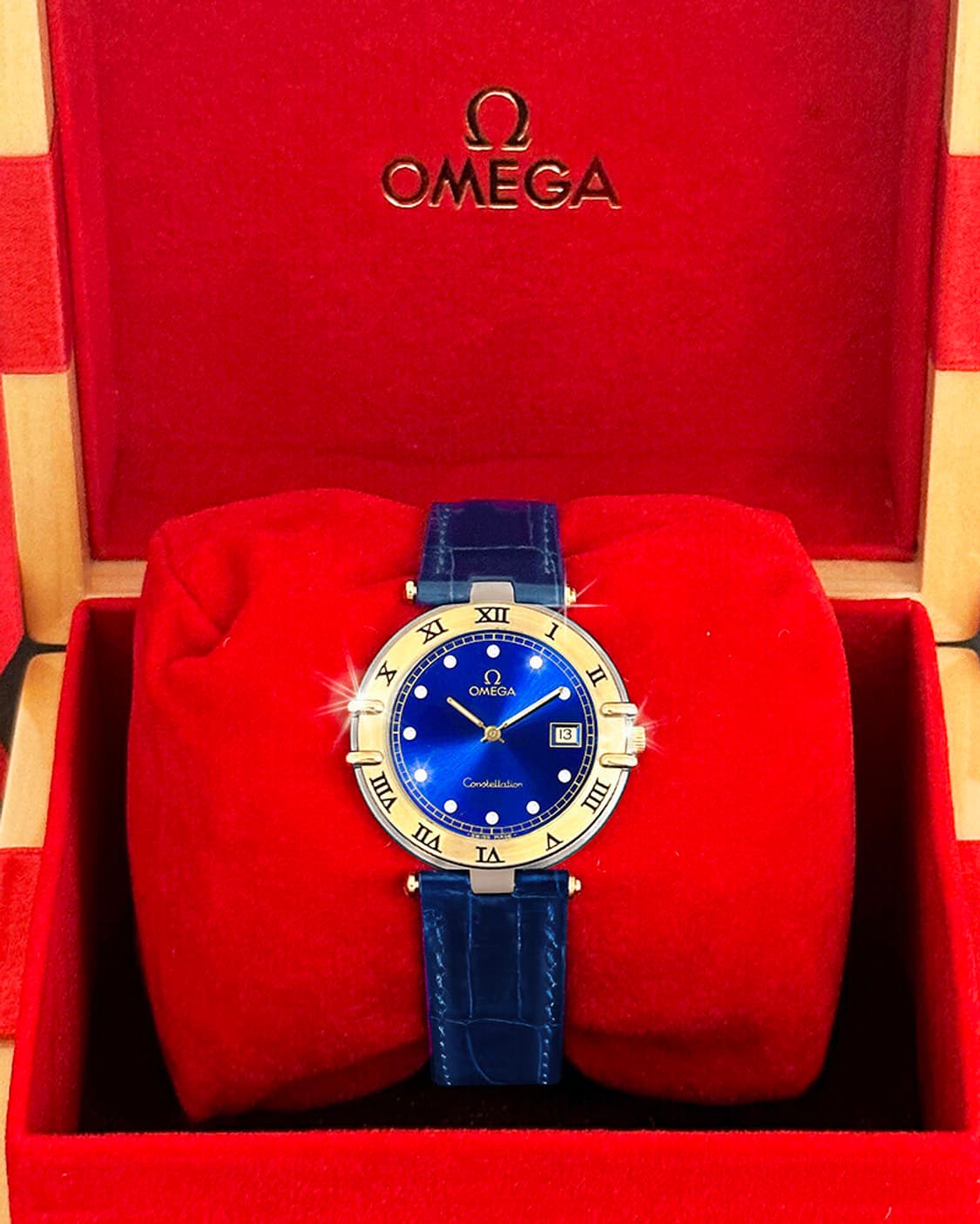 오메가 컨스틸레이션 블루 선레이 11P 다이아몬드 남녀공용 악어 가죽시계 상품이미지8