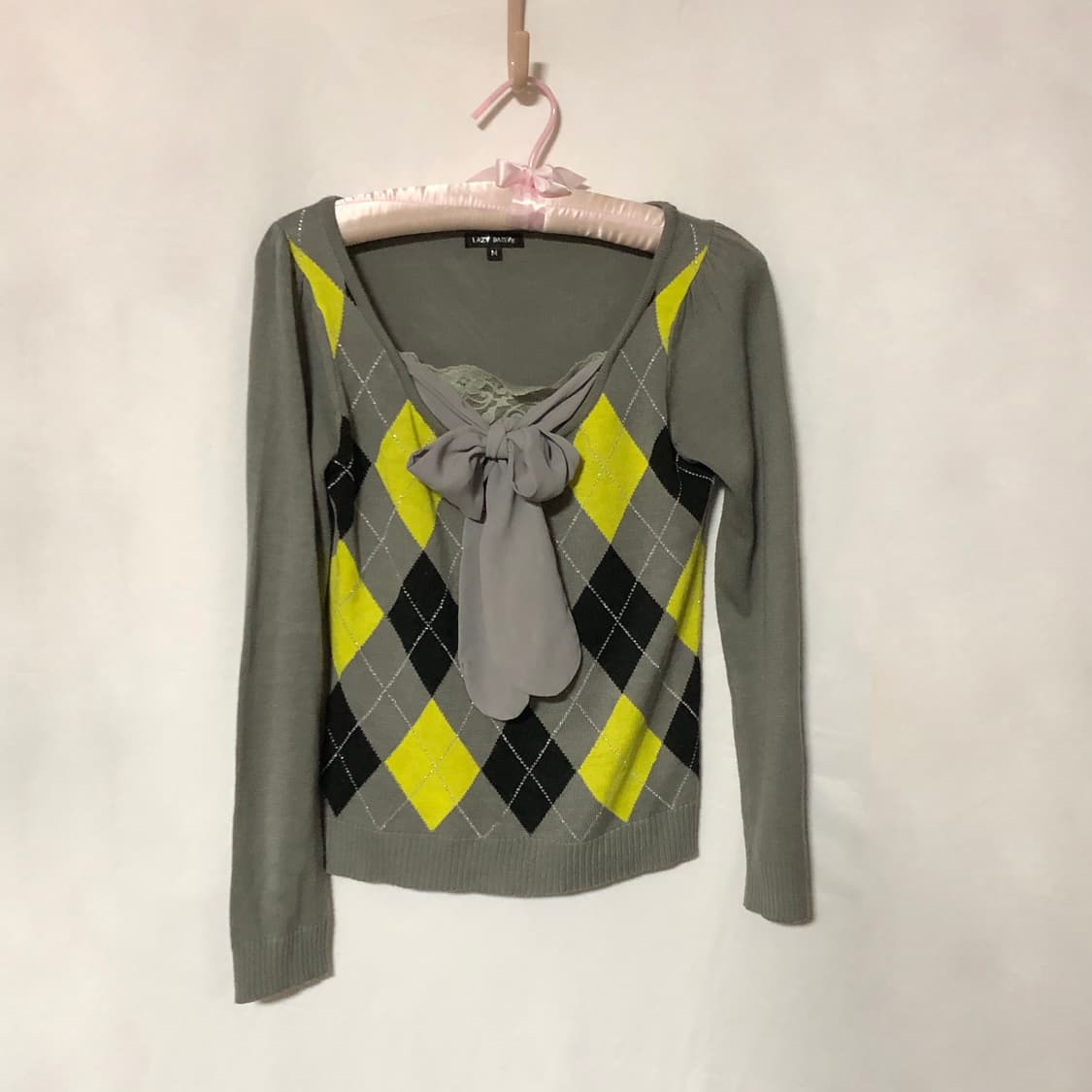 리본 레이스 로걀 아가일 니트 탑 그레이 상품이미지7