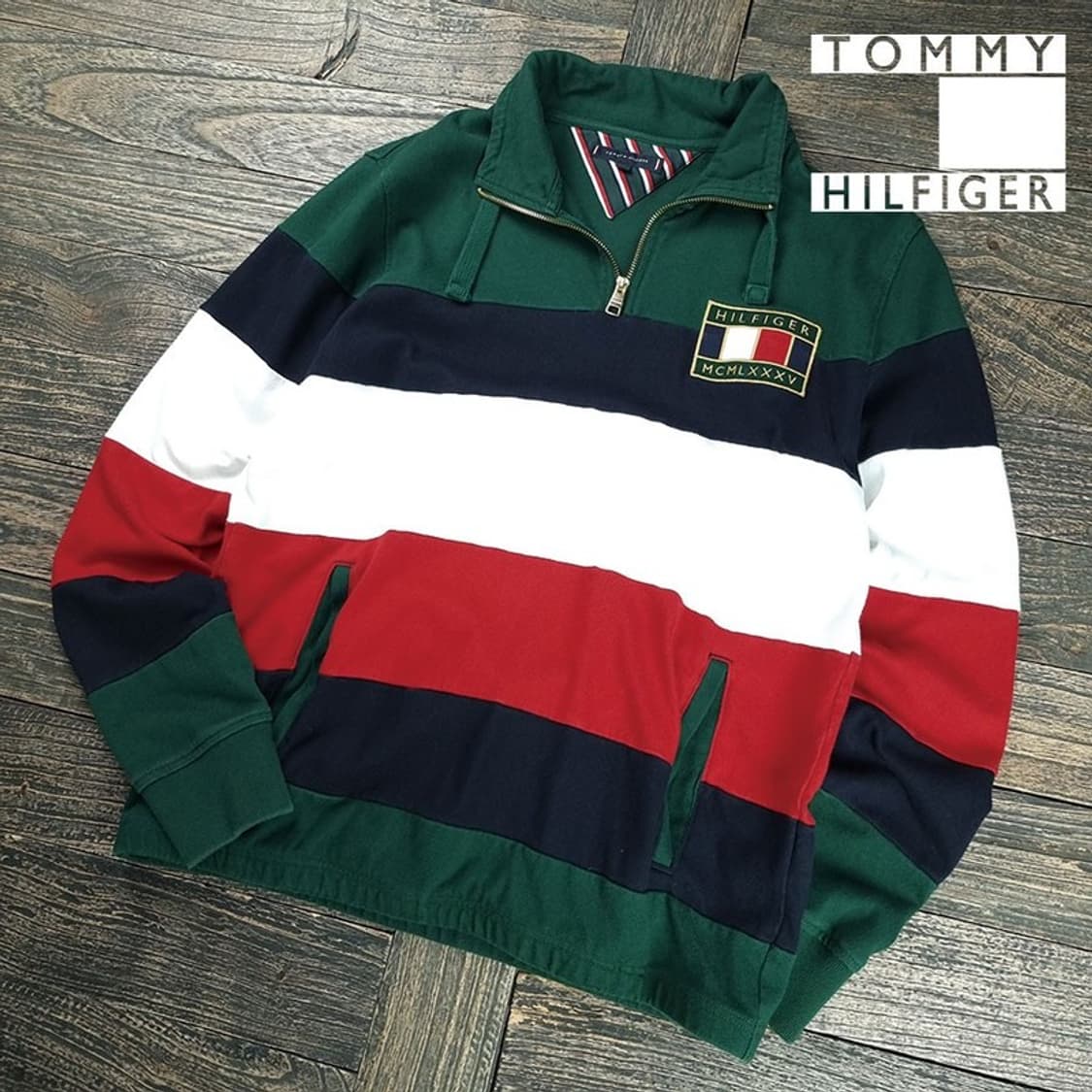 [타미힐피거] 로고 패치 스트라이프 하프집업 반집업 맨투맨 M19774 상품이미지1