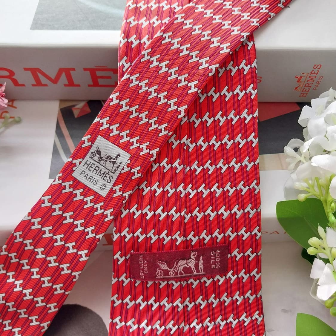 에르메스 실크 레드 H 모티브 넥타이 9.5cm A+~A등급 K2042 상품이미지6