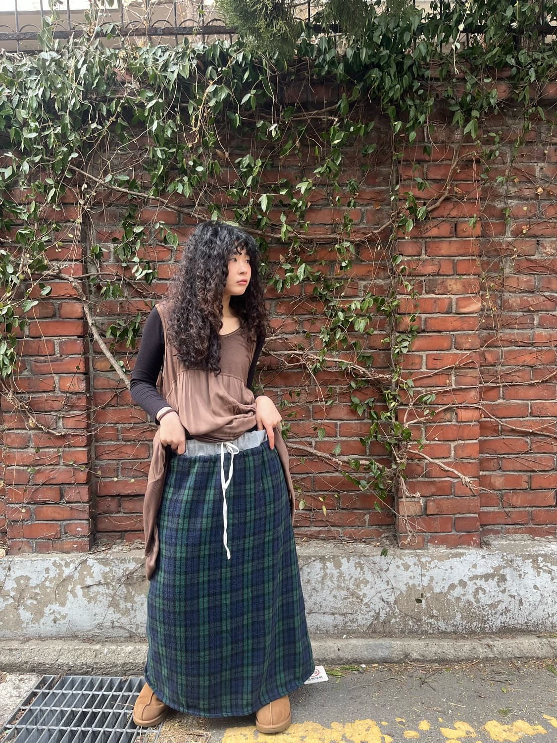 빈티지 그린 체크 패턴 롱스커트 상품이미지1