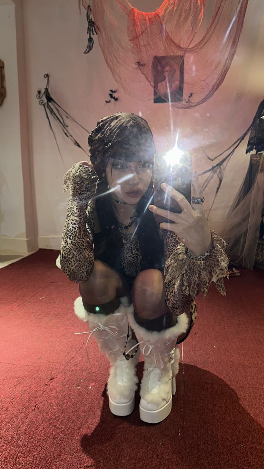 매쉬 플라워 벨벳 셔링 핸드메이드 롱 비니 상품이미지5