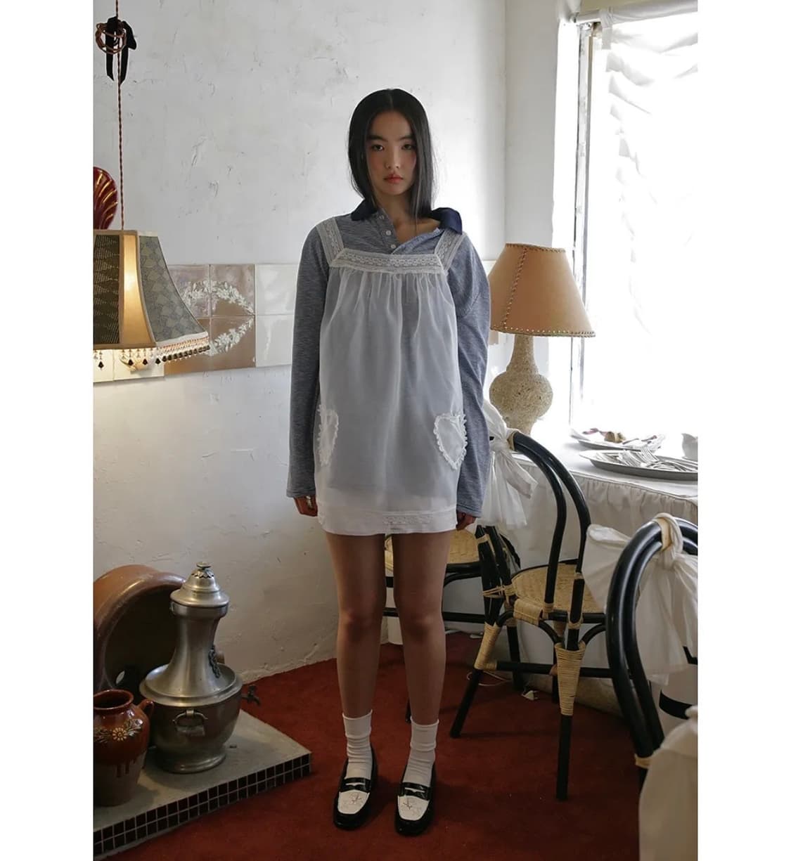 프레클 박시 핏 버튼 폴로 셔츠 네이비 스트라이프 상품이미지4