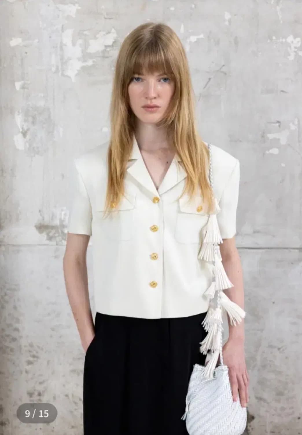 오르 2024 골드 버튼 크롭 반팔 자켓 블라우스 M사이즈 상품이미지1