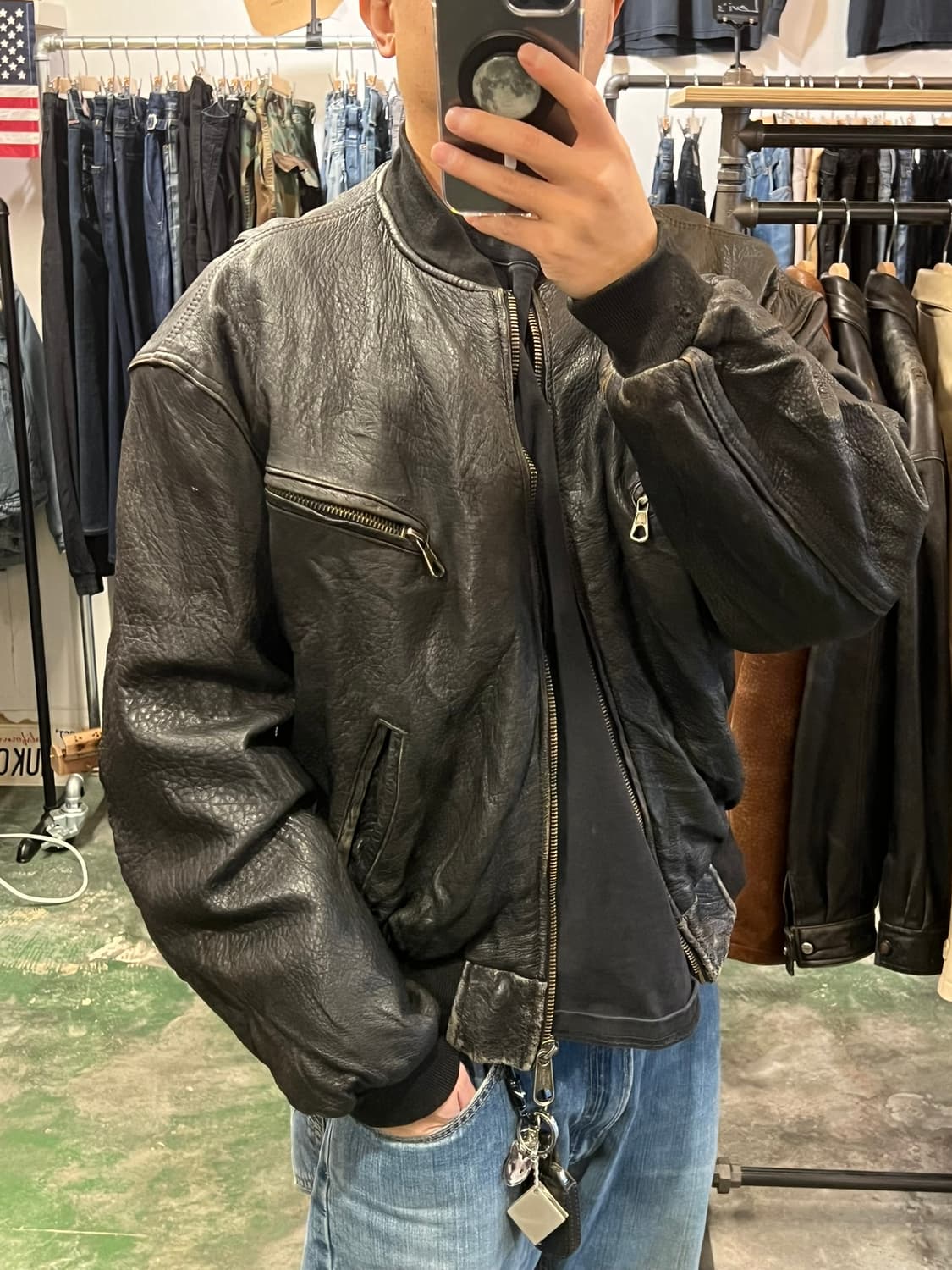 90's [XL] 이스트팩 빈티지 리얼레더 블랙 봄버 가죽 자켓 상품이미지2