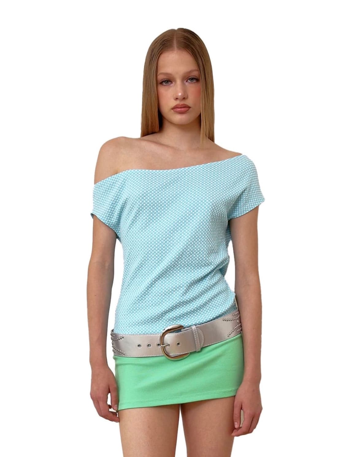 아일릿 모카 착용)저스트하우스 언발란스 깅엄 오프숄더 상품이미지2