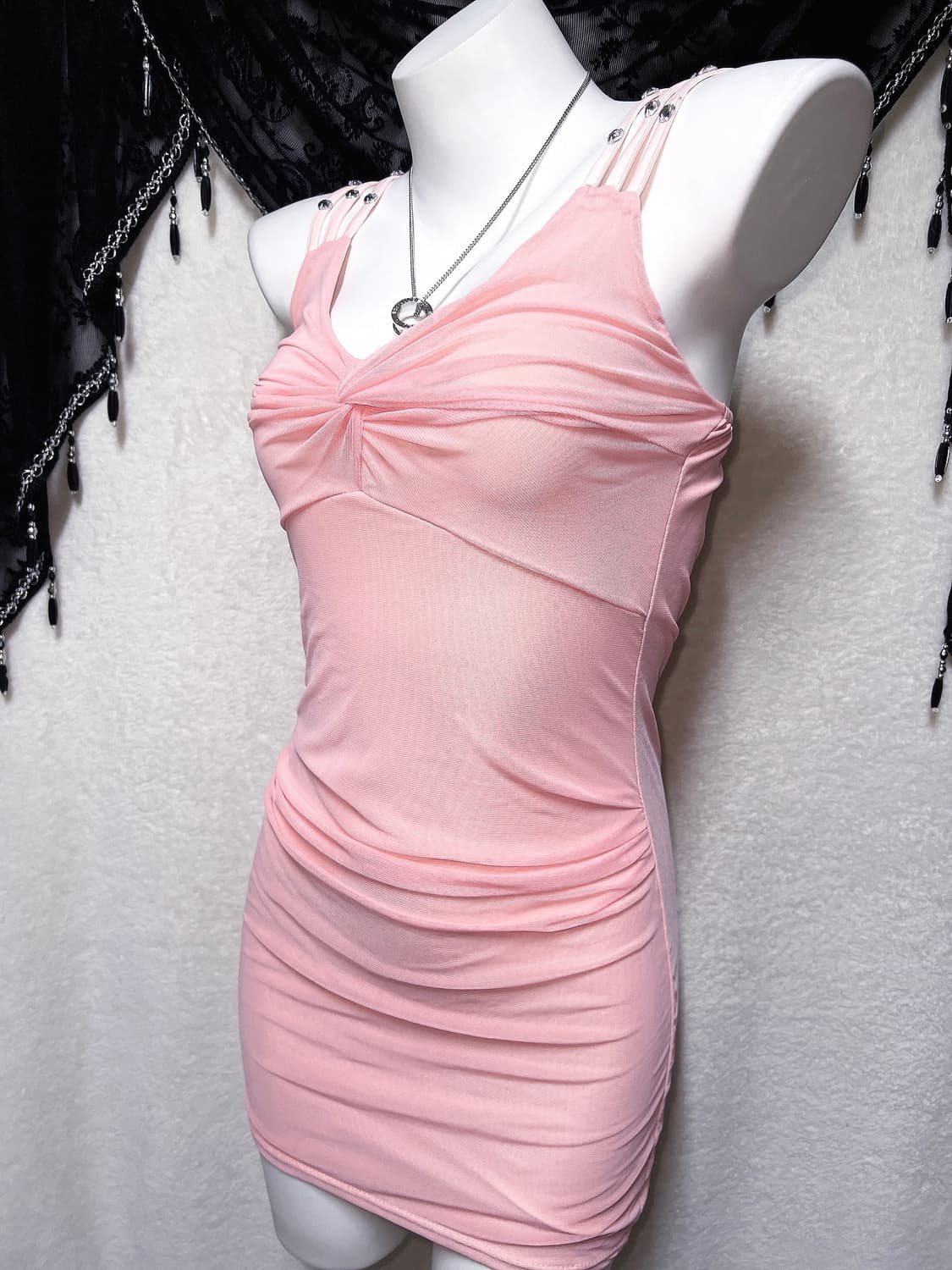 히메갸루 로맨틱 로걀 핑크 셔링 비즈 미니원피스 섹시 러블리 슬립 핀터깔 상품이미지2