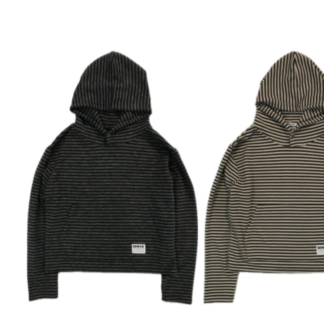 쏘비 버튼 니트 스트라이프 세미 후드티(차콜) 상품이미지1