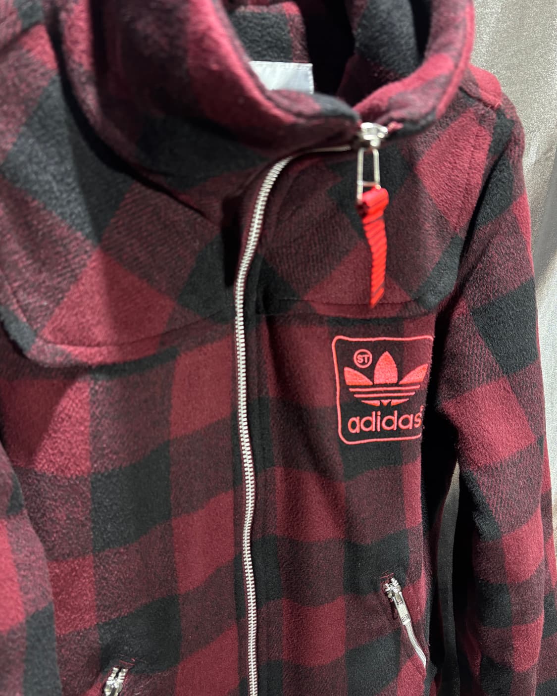S 아디다스 파이어버드 레드 타탄체크 롱카라 자켓 상품이미지4