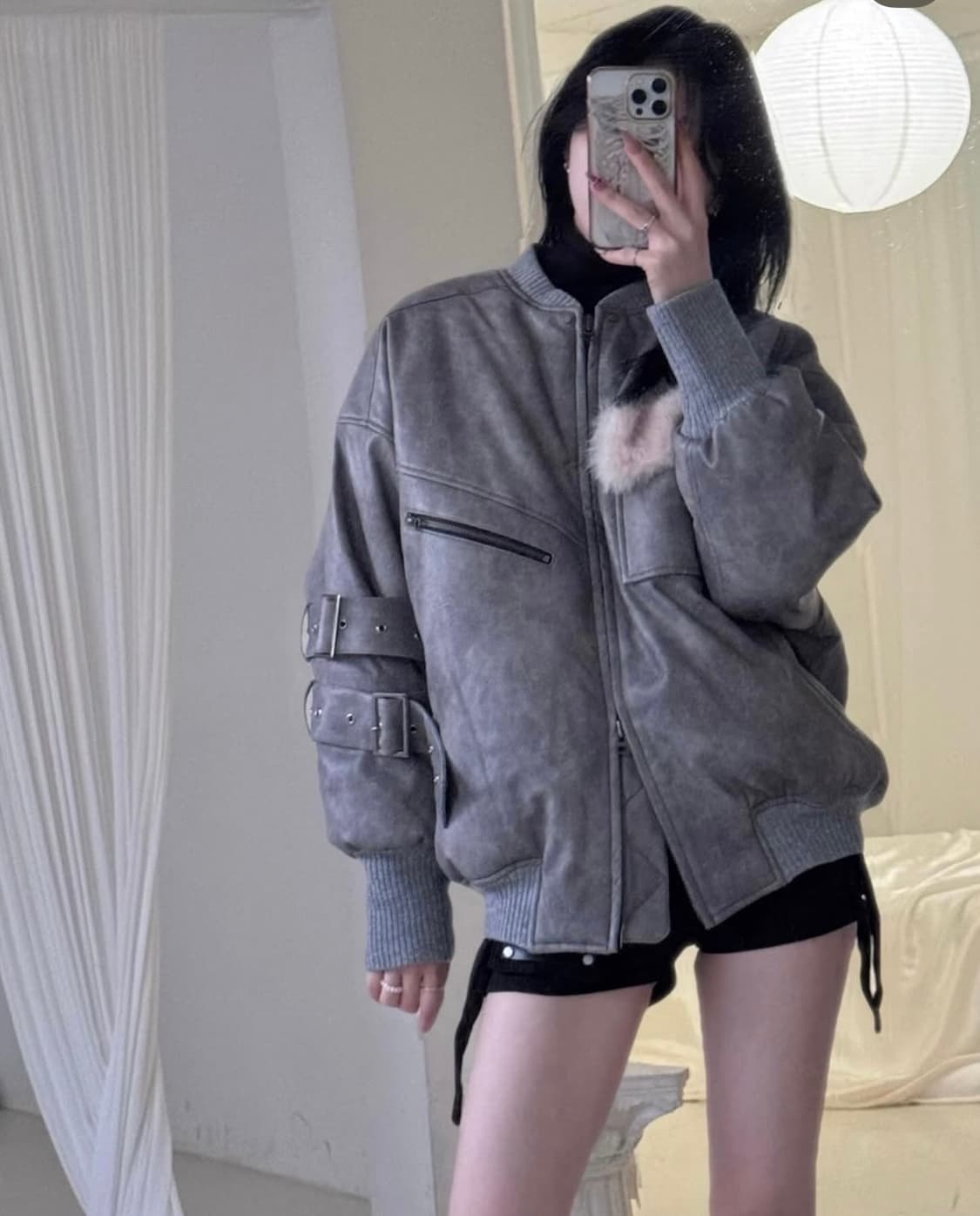 에트오소메 신상 레더 클래식 사이드 벨트 봄버 자켓 무스탕 상품이미지2