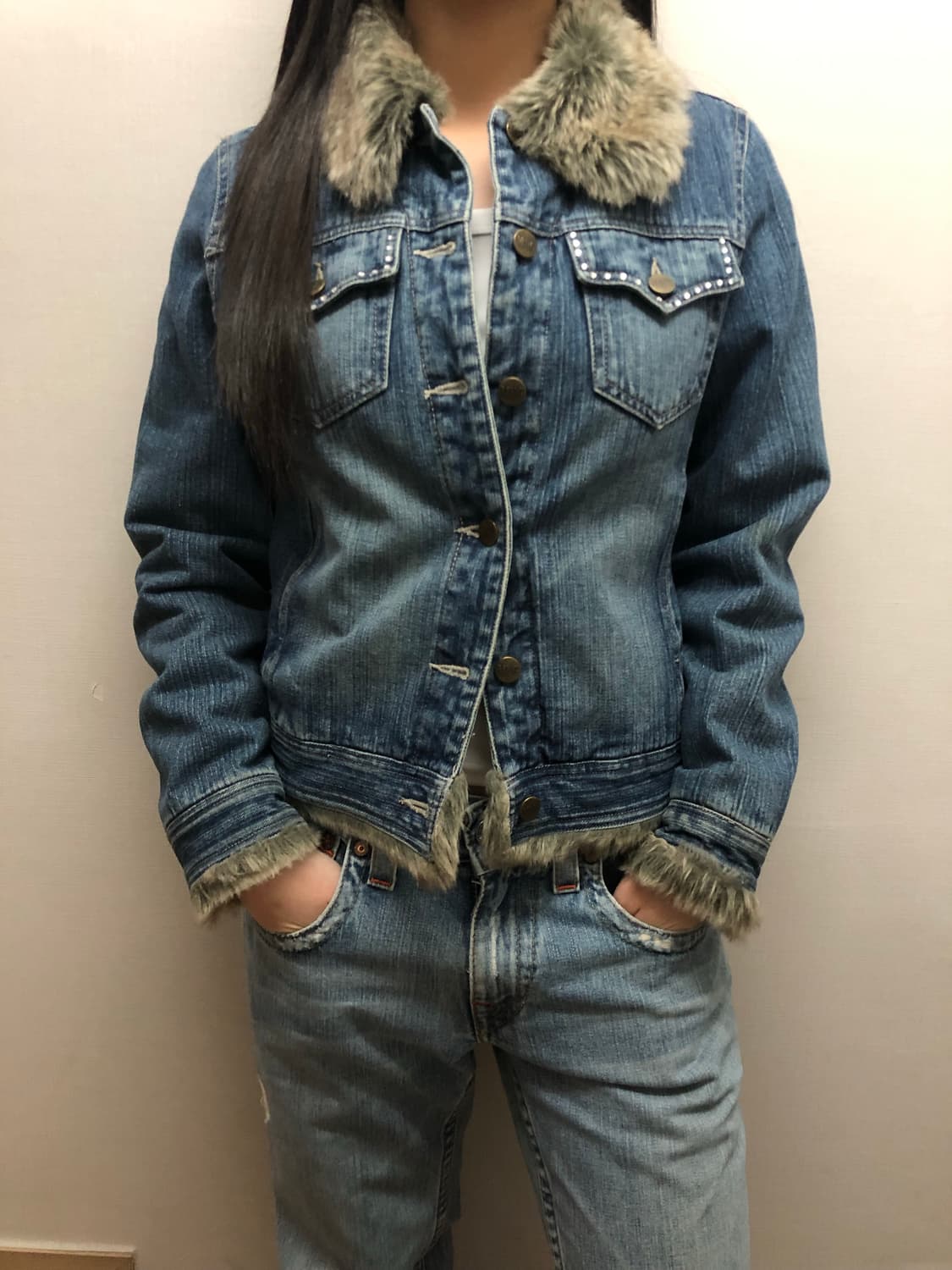 빈티지 데님 큐빅 퍼 자켓 상품이미지7