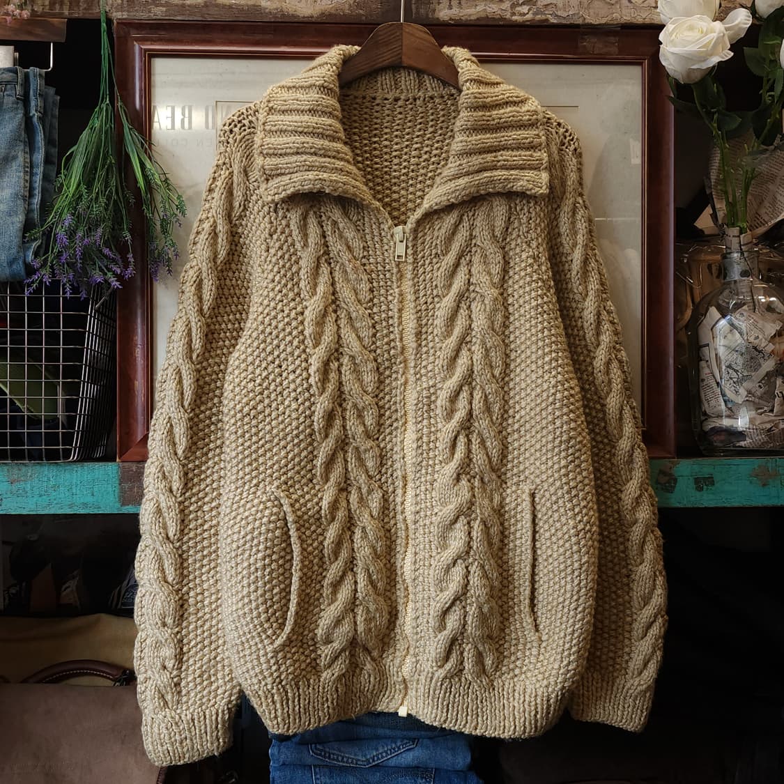 90s 프렌치 핸드메이드 울 가디건 코위찬 헤비울 스웨터 집업 니트 상품이미지1