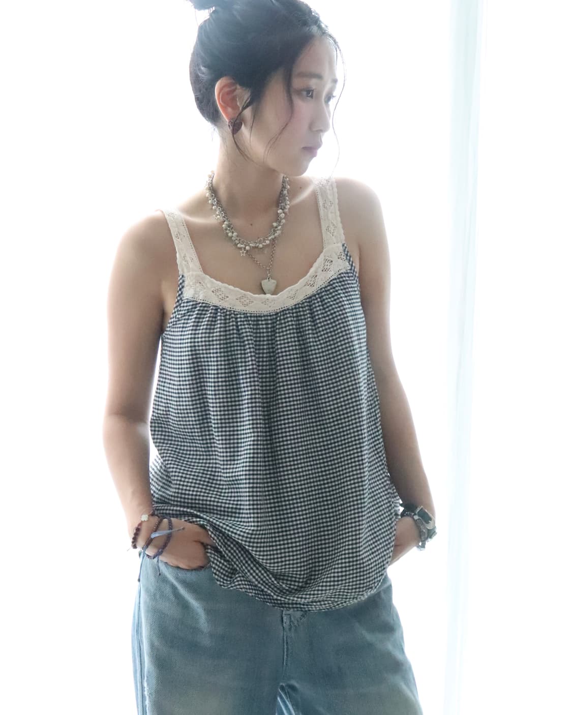 [HUG Ō WäR] Check Lace Camisole Blouse 상품이미지1