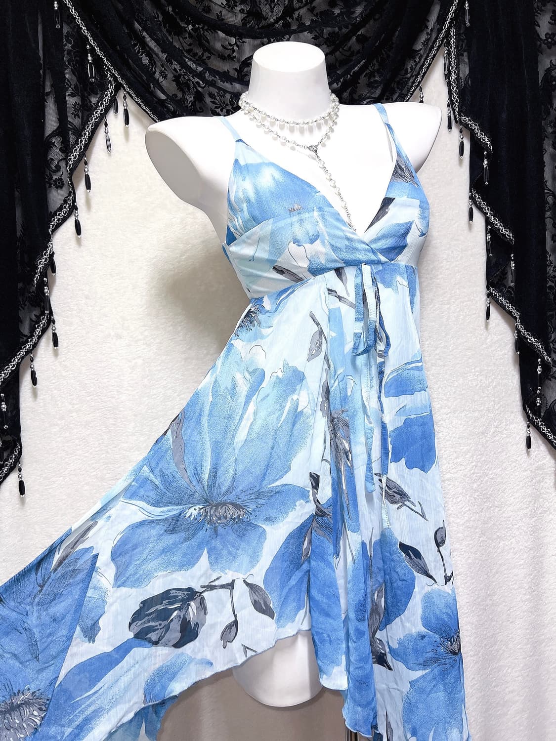 블루 오리엔탈 페어리 플라워 쉬폰 언발 미니원피스 하와이안 갸루 핀터 상품이미지1