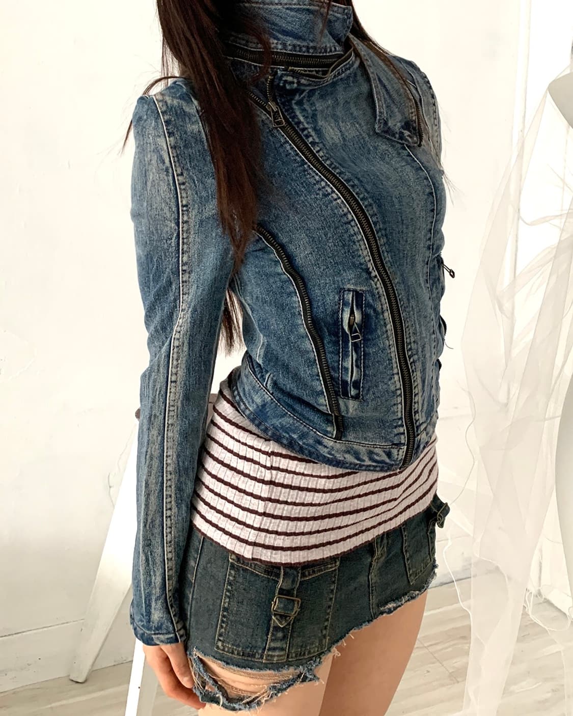 Y2K Collared zip-detail denim jacket 상품이미지5