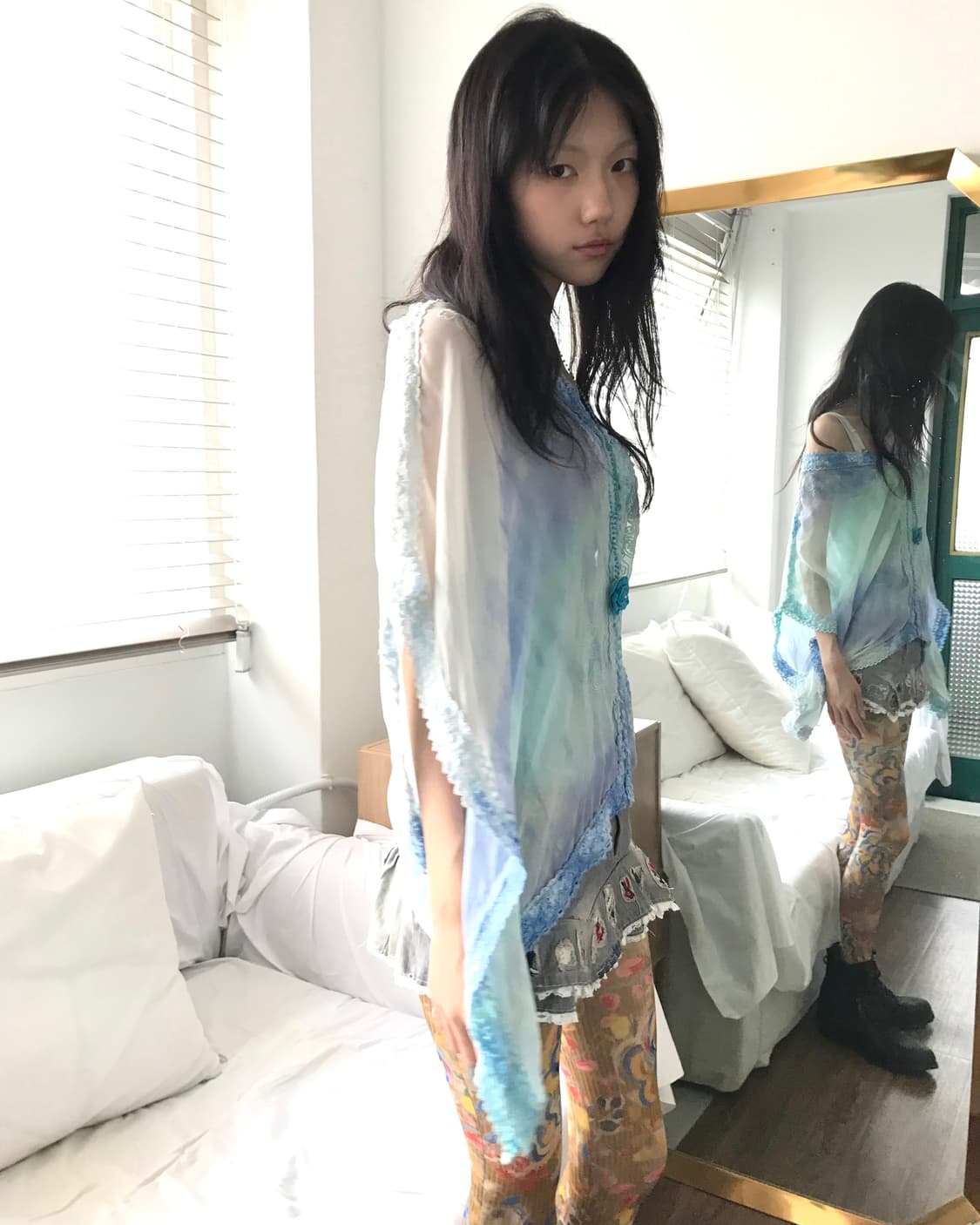 Blue tie-dye bohemian lace box blouse 상품이미지8