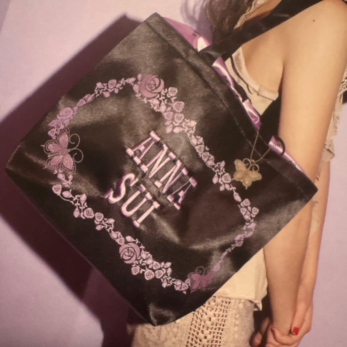 안나수이 로즈 자수 나비챰 일본잡지 고전 블랙퍼플 갸루 토트백 숄더백 상품이미지1