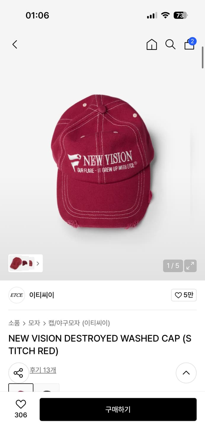 Etce NEW VISION DESTROYED WASHED CAP 상품이미지1