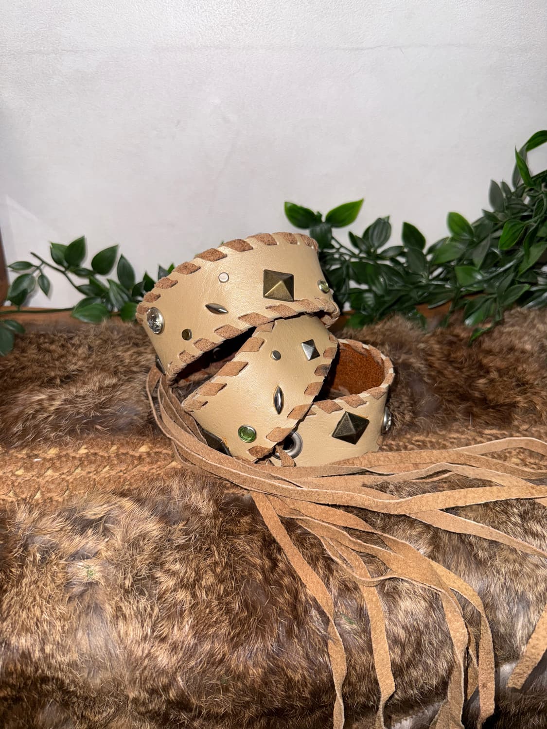 Beige brown western stud suede stitch 벨트 상품이미지1