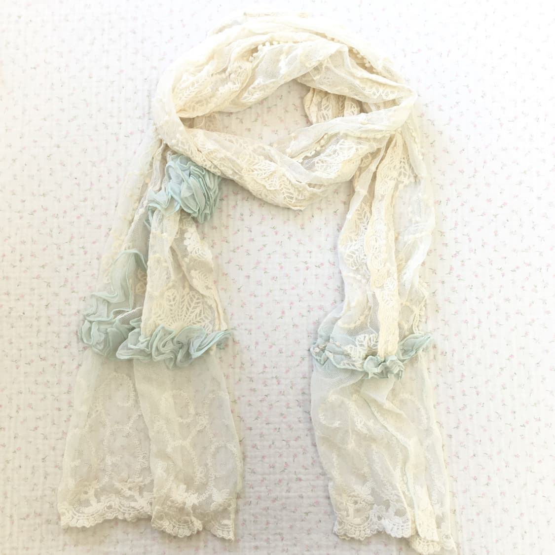 JPN/ 오리엔탈스카프 모리걸스카프 레이스 숄 아이보리 민트 장식  상품이미지4