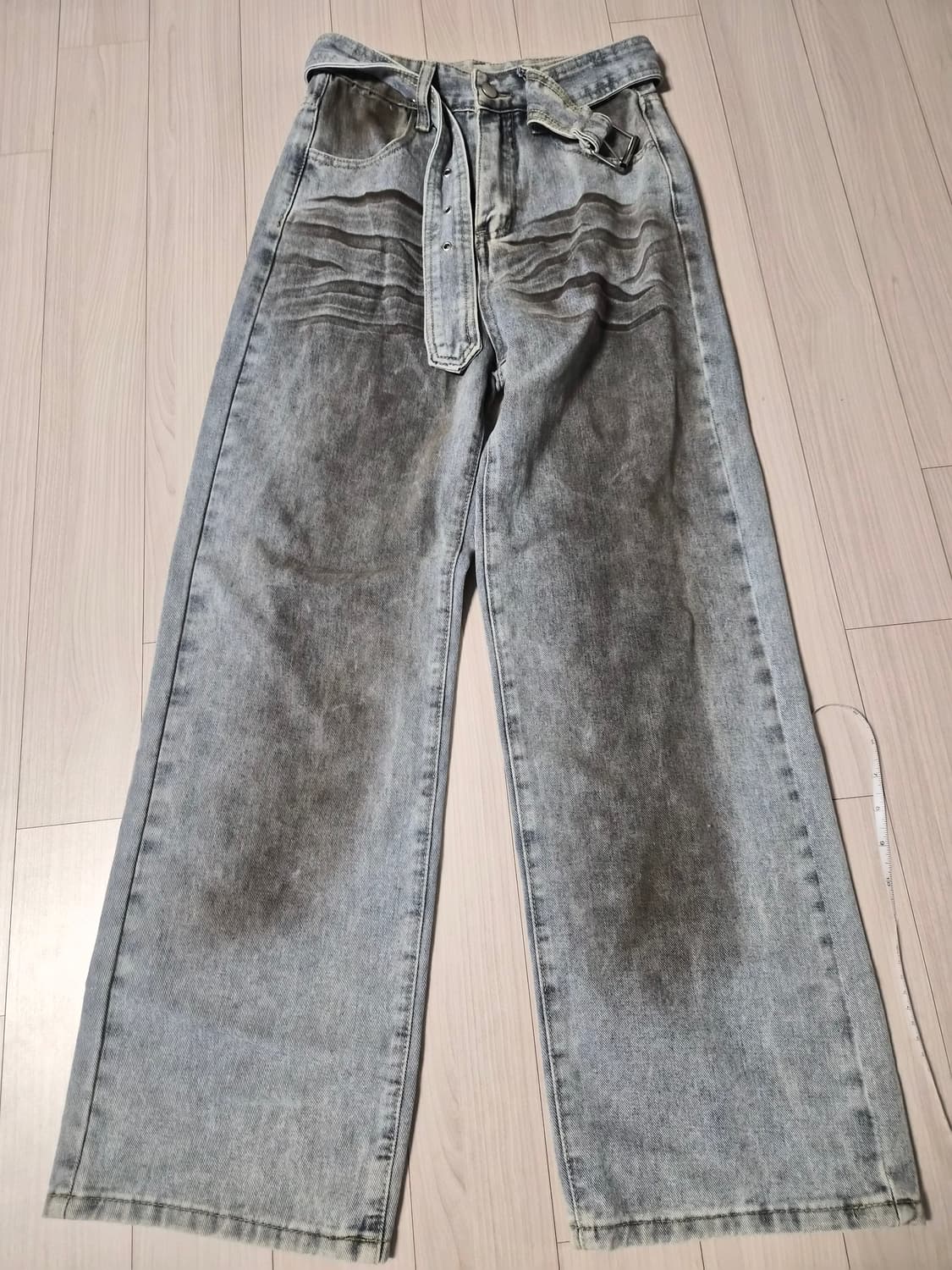 [유니크/빈티지] 하이웨스트 샌드 워싱 벨티드 와이드 데님 상품이미지1