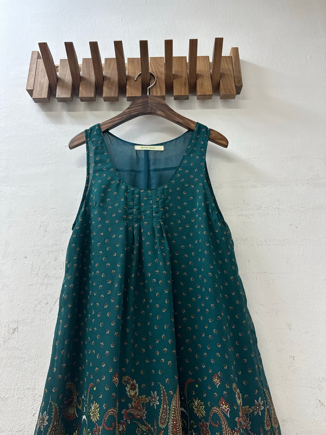 일본빈티지 딥그린 페이즐리 보더 플로럴 패턴 핀턱 슬리브리스 원피스 상품이미지4