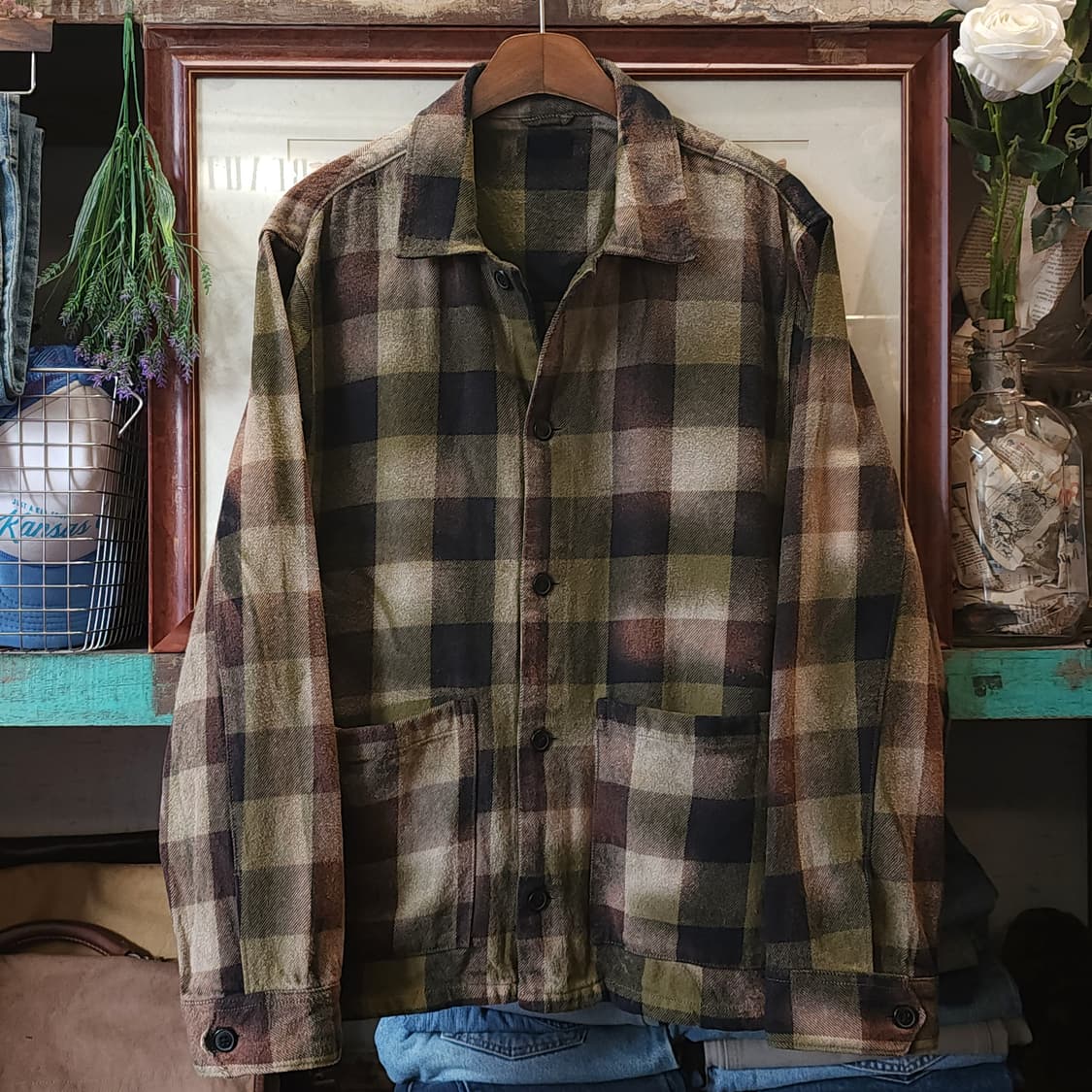 90s 빈티지 체크셔츠 헤비 플란넬 워크셔츠 썬페이딩 셔츠자켓 xxl 상품이미지1