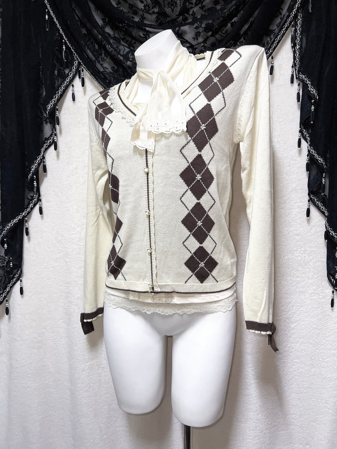 엑시즈팜 아가일 레이스 진주 리본 라떼갸루 로걀탑 니트 러블리 핀터 모리 상품이미지1