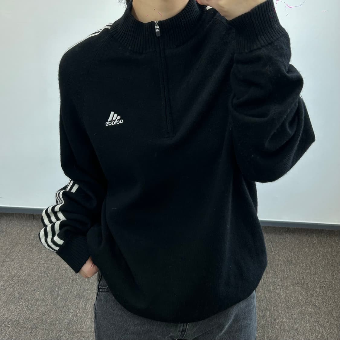 Adidas 아디다스 삼선 블랙 니트 반집업 상품이미지2