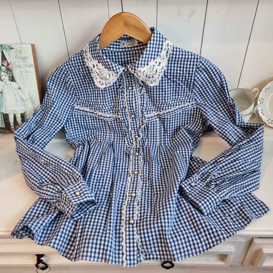 네이비 깅엄 체크 레이스 카라 블라우스 상품이미지5