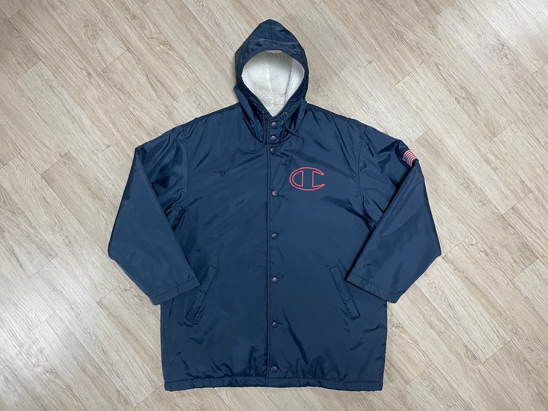 100~105) 90's 챔피온 재팬 성조기 빅로고 양털 후드 코치자켓 상품이미지1