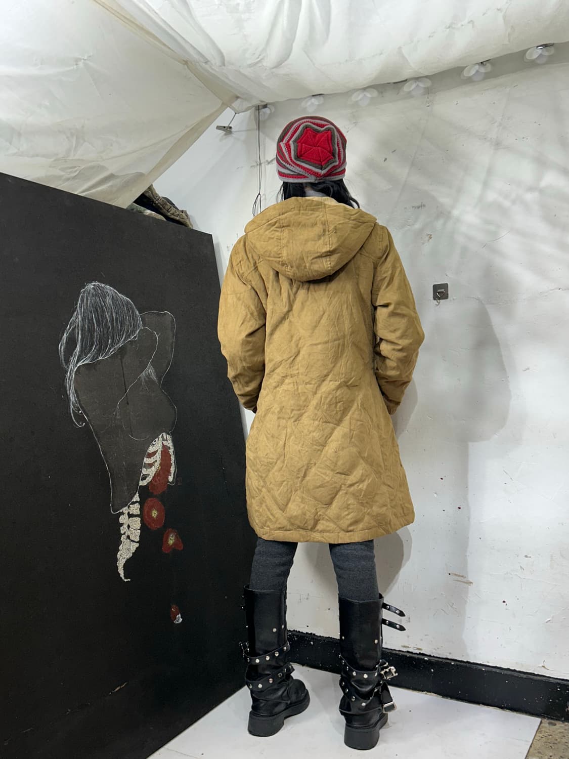 엘엘빈 스웨이드 퀼팅 후드 롱패딩 코트 자켓 S. 상품이미지3