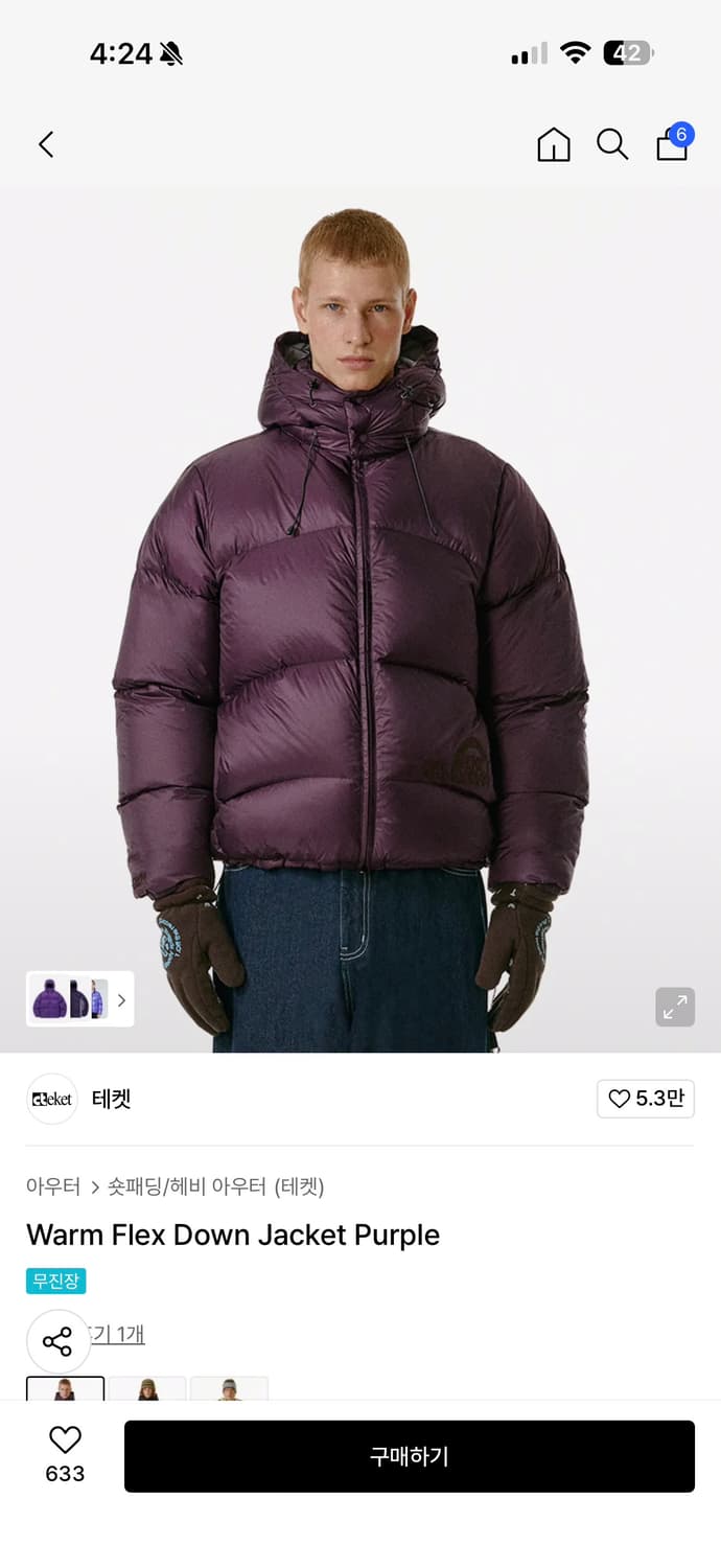 테켓 Warm Flex Down Jacket Purple 패딩 새상품 L 상품이미지1