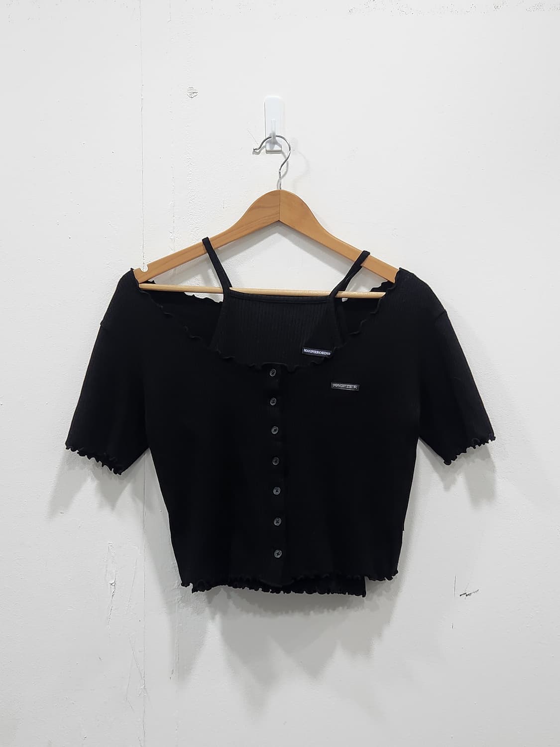 [F] 맥파니로빈 반팔 가디건 민소매 세트 블랙 얇은 골지 니트 상품이미지1