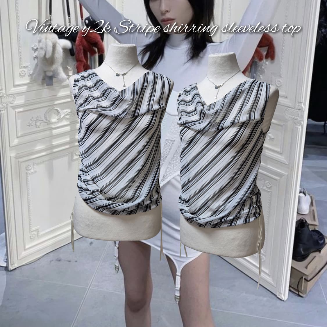 Vintage y2k Stripe shirring sleeveless 상품이미지1