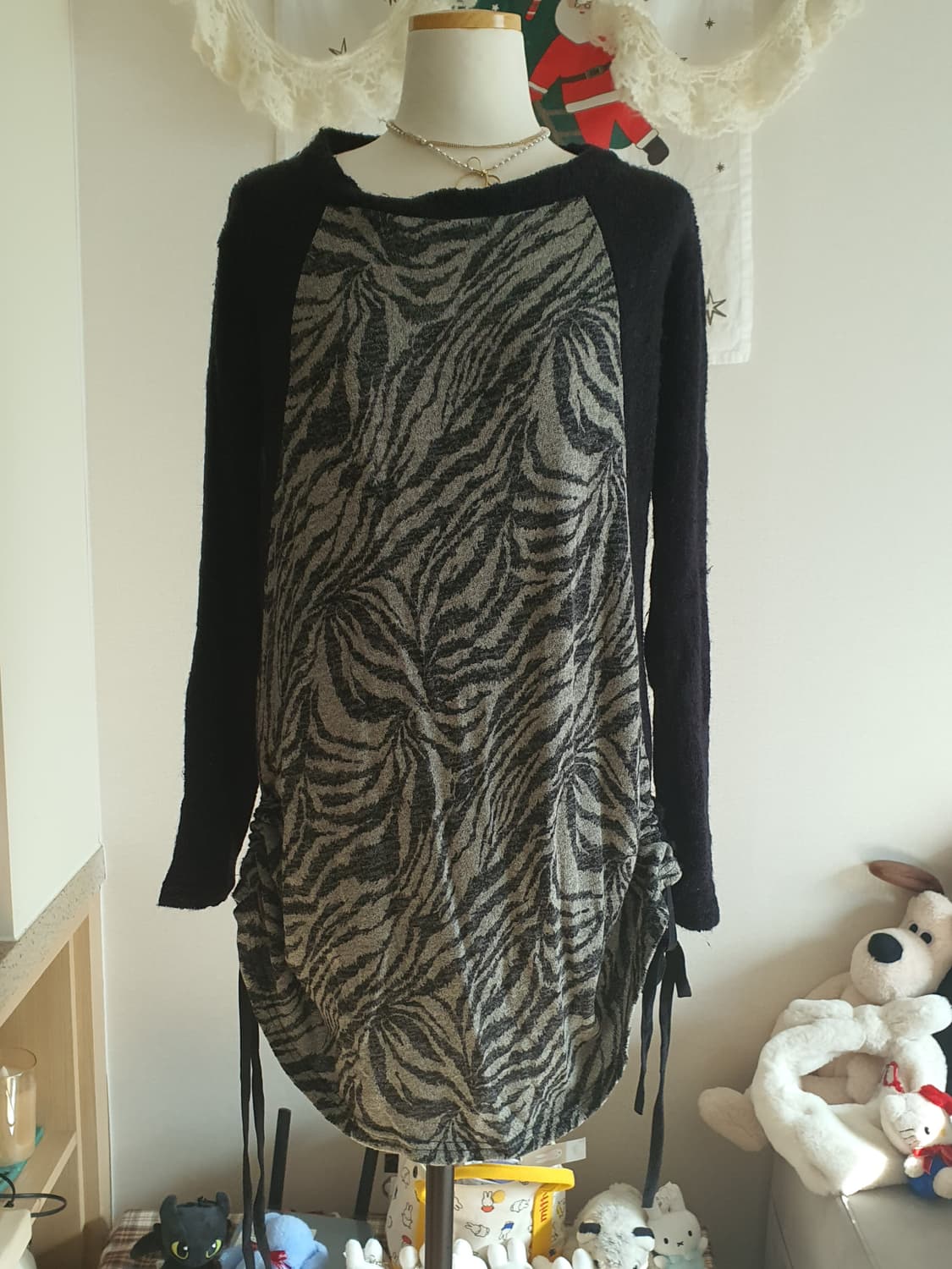 [갸루] 블랙/제브라 패턴 롱 니트 원피스 상품이미지1