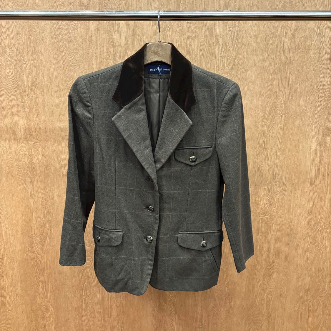 폴로 랄프로렌 체크 테일러드 자켓 싱글 버튼 벨벳 배색 디테일 브라운 상품이미지2