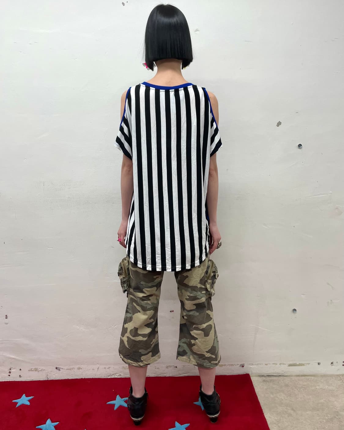Sexy Girl Stripe Shoulder Blue T-shirt  상품이미지5