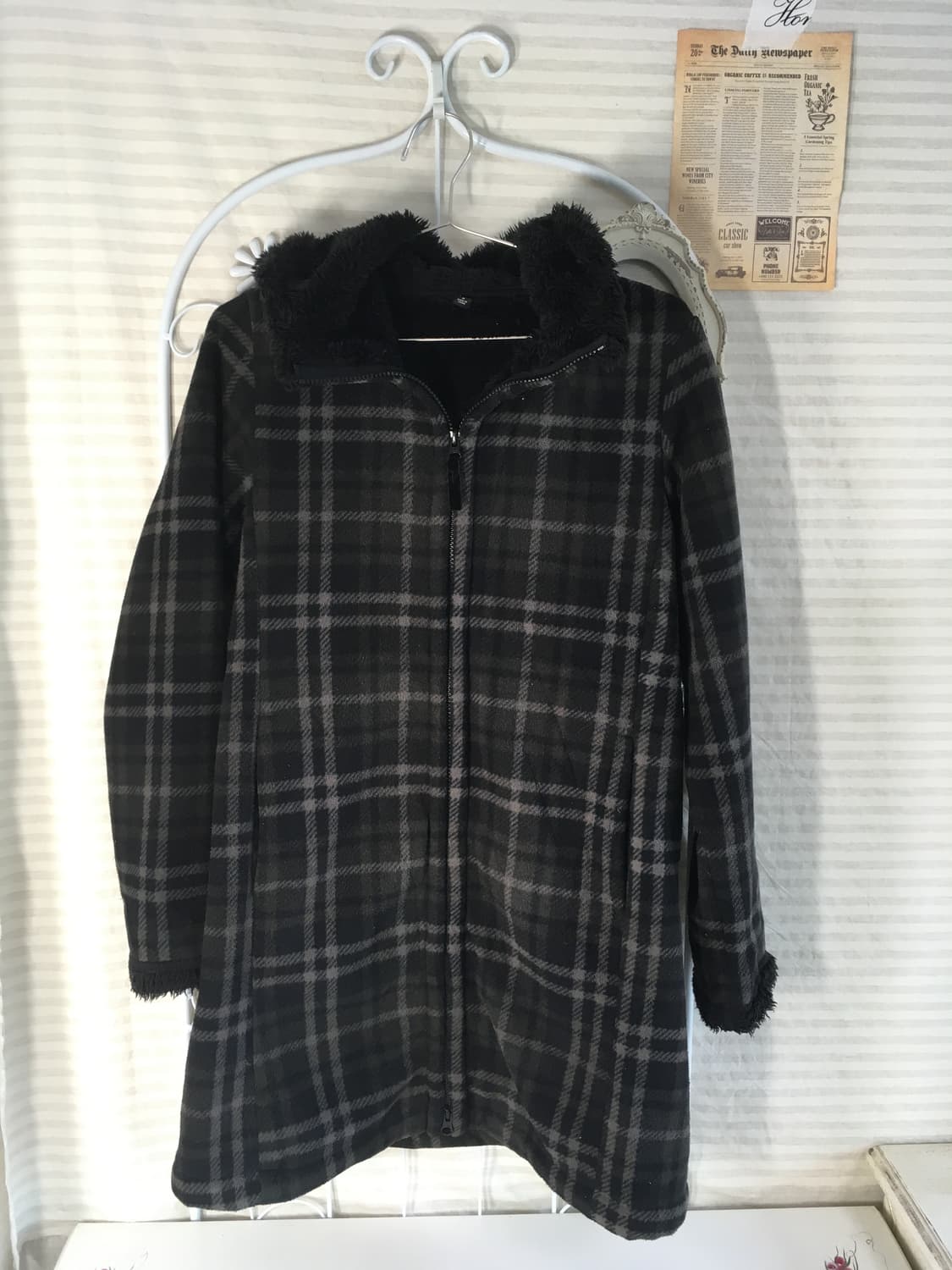 일본빈티지 카키 타탄 체크 후드 무스탕 집업 상품이미지6