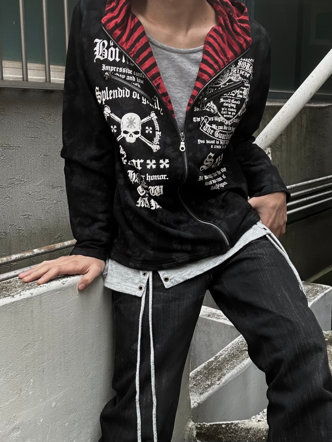 2000s jpn 펑크 체크 레이어드 스컬 프린팅 후드집업 상품이미지1