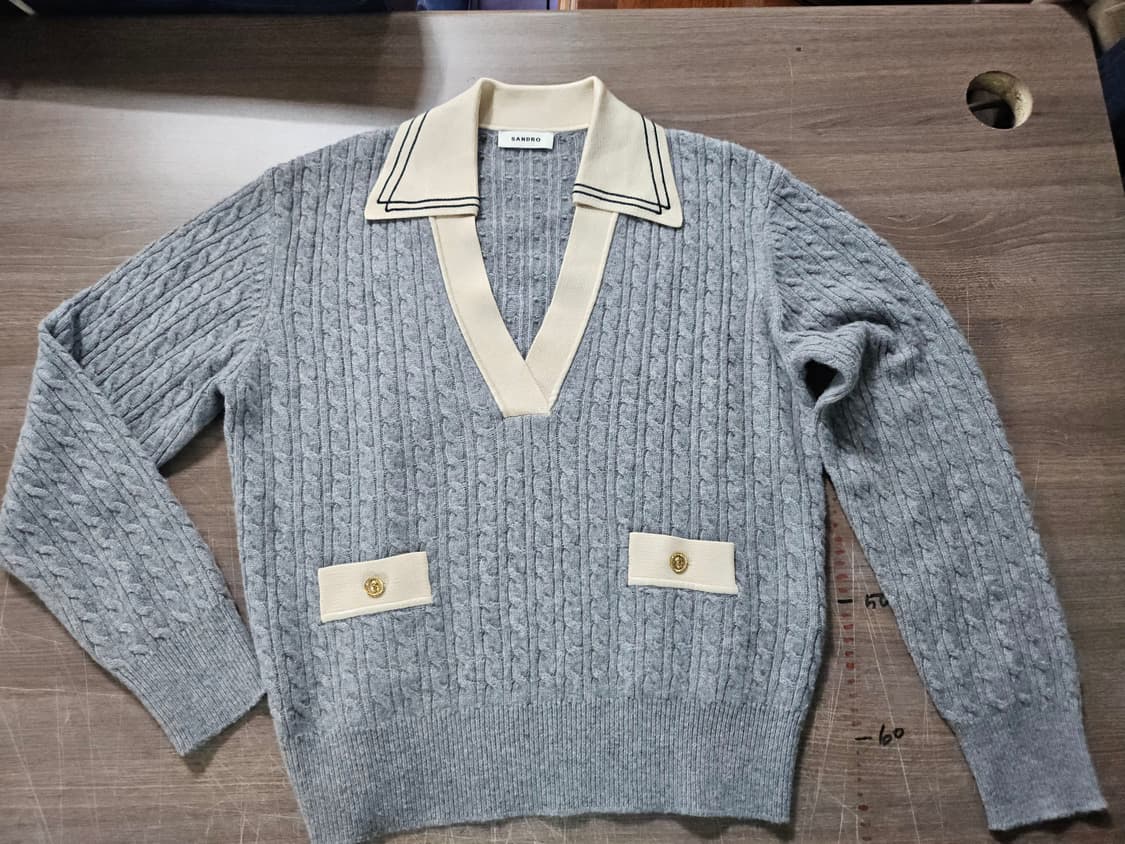 산드로 캐시미어 울 혼방 케이블 콘트라스트 칼라 가디건 1 상품이미지2