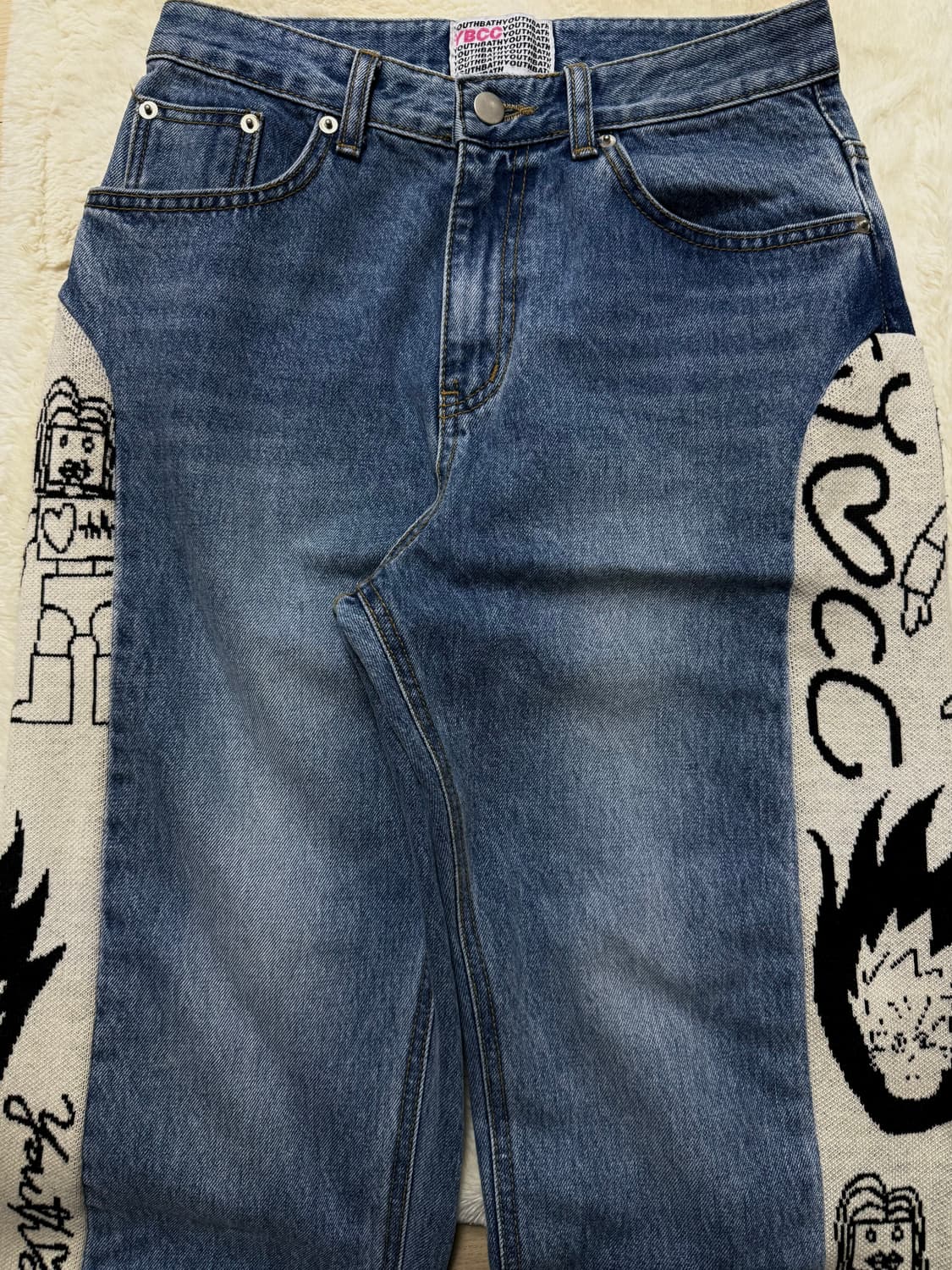 유쓰배쓰-니트 트리밍 워싱 데님 (라이트블루) 상품이미지1